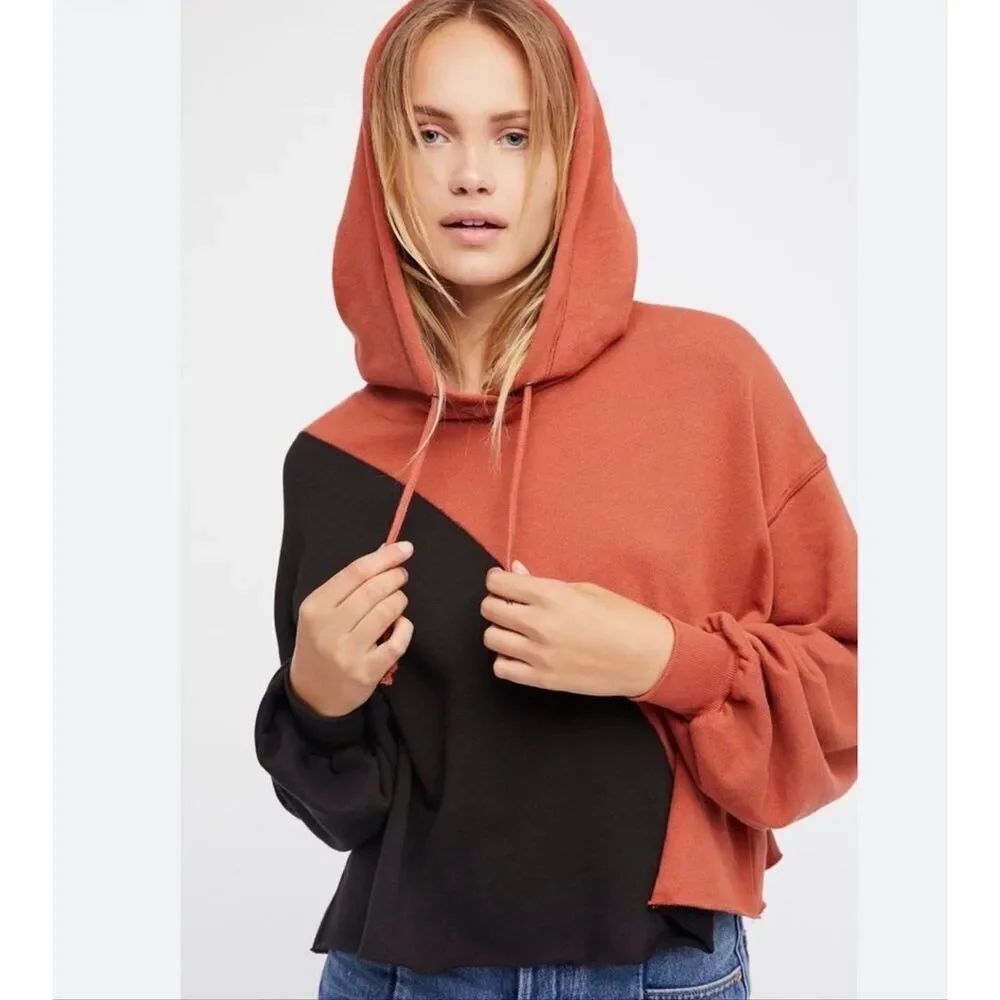 Free People Homestretch Colorblock Hoodie Sweatshirt | Black and Orange in Small